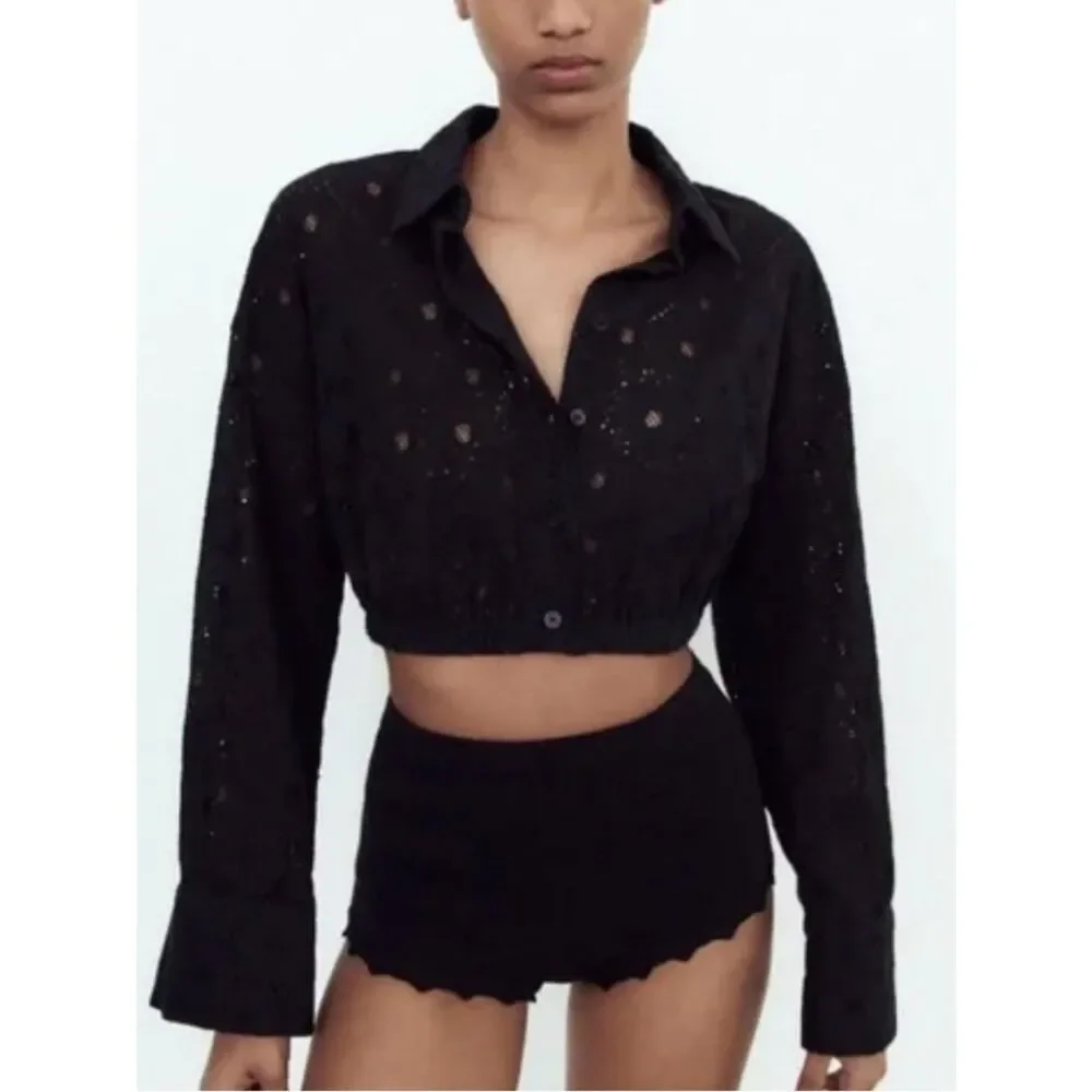 Zara Black Embroidery Eyelet Crop Button Down Top(Size XS)